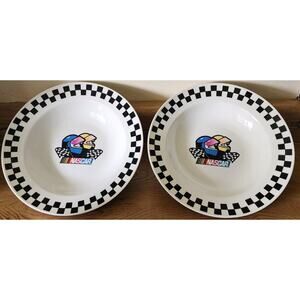 2 Gibson NASCAR Victory Rimmed Soup Bowls 9" 2002 Helmets Checkered Flag